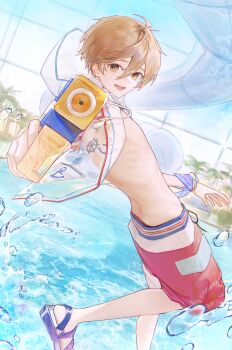 1boy absurdres bishounen bracelet brown_eyes brown_hair ensemble_stars! h_0313_k0 highres holding holding_water_gun jewelry looking_at_viewer male_focus mashiro_tomoya open_mouth see-through_clothes short_hair shorts skinny solo teeth upper_teeth_only water water_gun