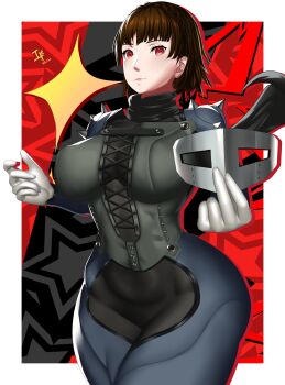 1girl absurdres arcedo bodysuit breasts curvy female_focus gloves highres large_breasts looking_at_viewer mask niijima_makoto persona persona_5 red_eyes scarf short_hair skin_tight solo spikes thick_thighs thighs wide_hips