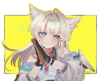 1girl ahoge aki&#039;z animal_ears arknights arknights:_endfield black_gloves blue_eyes blush closed_mouth collared_dress collared_shirt commentary detached_sleeves dress floating_hair flying_sweatdrops gloves grey_hair head_tilt highres long_hair looking_at_viewer orange_gloves perlica_(arknights) shirt simple_background smile solo sweatdrop symbol-shaped_pupils transparent_background twitter_username two-tone_gloves upper_body watch wristwatch yellow_background yellow_pupils