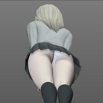 1girl 3d ass black_skirt black_socks blonde_hair blue_eyes eva_frost from_below full_body gradient_background green_shirt long_hair long_sleeves miniskirt panties pantyshot pleated_skirt s-visor shirt shoes simple_background skirt socks solo terra_formars thighs underwear white_panties