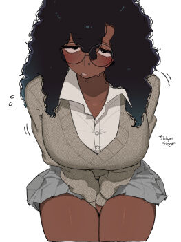 1girl aqua_hair black_hair blue_hair blush breasts broccoli_(ohasi) cardigan collared_shirt cowboy_shot dark-skinned_female dark_skin face_piercing fidgeting flying_sweatdrops from_above furrowed_brow gradient_hair grey_skirt half-closed_eyes highres kinky_hair large_breasts light_frown lip_piercing long_hair long_sleeves looking_at_viewer looking_up motion_lines multicolored_hair nose_piercing ohasi original piercing school_uniform shirt shy side_labret_piercing simple_background sitting skirt solo sound_effects sweatdrop thighs very_dark_skin white_background white_shirt