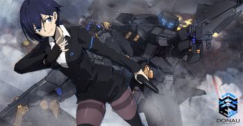 1girl bird/binary black_jacket black_suit blue_eyes blue_hair blue_suit breasts business_suit collared_shirt formal_clothes gun holding holding_gun holding_weapon jacket joints las91214 long_sleeves machine machinery mecha mechanical_arms mechanical_hands mechanical_legs medium_hair original pantyhose robot robot_joints science_fiction shirt short_hair skirt skirt_suit suit suit_jacket thighhighs weapon white_shirt