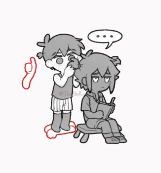 ... 2boys absurdres alternate_hairstyle antenna_hair artist_name black_eyes black_hair black_shirt black_shoes black_shorts black_skin black_socks black_sweater_vest black_tank_top book chibi chibi_only closed_mouth colored_skin commentary double-parted_bangs english_commentary hair_between_eyes highres holding holding_book kneehighs male_focus multiple_boys omori omori_(omori) shirt shoes short_hair short_sleeves shorts sidelocks simple_background sitting socks speech_bubble spoken_ellipsis stranger_(omori) striped_clothes striped_shorts sweater_vest tank_top thatbirdcanfly twitter_username two-tone_shorts vertical-striped_clothes vertical-striped_shorts white_background white_eyes white_shorts white_skin