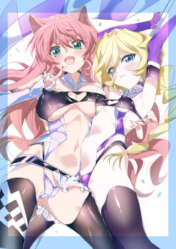2girls absurdres blonde_hair blue_eyes blush braid braided_ponytail breasts cameltoe carol_malus_dienheim clothing_cutout covered_clitoris covered_erect_nipples elbow_gloves gloves gluteal_fold hair_ears heart_cutout highres impossible_clothes impossible_leotard large_breasts leotard long_hair long_nipples maria_cadenzavna_eve mole mole_under_eye multiple_girls navel navel_cutout niko_(tama) pink_hair pointy_breasts race_vehicle ribs senki_zesshou_symphogear shiny_clothes shiny_skin skin_tight small_breasts standing very_long_hair
