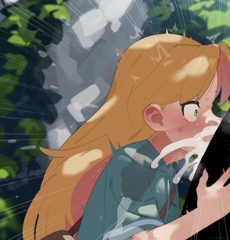 1boy 1girl absurdres aqua_jacket blonde_hair blush colored_inner_hair commentary_request cum cum_in_mouth cum_overflow deepthroat fellatio green_eyes heart heart-shaped_pupils hetero highres jacket long_hair mizumizuni multicolored_hair open_mouth oral outdoors pink_hair ruri_no_houseki short_sleeves solo_focus sweat symbol-shaped_pupils tanigawa_ruri tears two-tone_hair