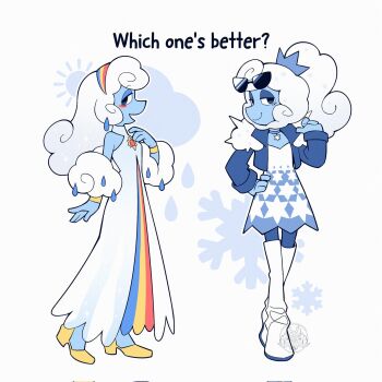 1girl alternate_costume alternate_hairstyle blue_skin blush boots choker cloud_hair colored_skin deltarune dress elnina_(deltarune) eyelashes hairband highres jacket long_dress open_clothes open_jacket ponytail rain reignbeaux13 shoes smile snowflake_print snowflakes sunglasses utdr_(toby_fox) water_drop white_dress white_hair yellow_shoes