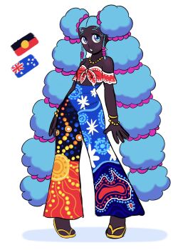 1girl absurdres afro afro_puffs alternate_costume alternate_design aqua_eyes aqua_hair australia australian_flag blue_hair commentary crop_top dark-skinned_female dark_skin earrings english_commentary full_body hatsune_miku highres jewelry long_hair sandals sketchquill solo twintails very_dark_skin very_long_hair vocaloid white_background worldwide_miku yellow_sandals