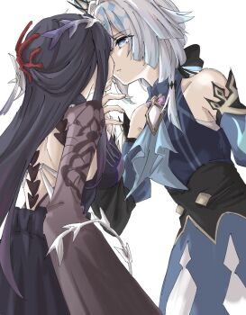 2girls bare_shoulders black_hair blue_dress blue_eyes blue_streaks cerydra_(honkai:_star_rail) commentary_request detached_sleeves dress honkai:_star_rail honkai_(series) hysilens_(honkai:_star_rail) imminent_kiss long_hair multiple_girls parted_lips purple_dress simple_background syonosuke9573 white_background white_hair yuri