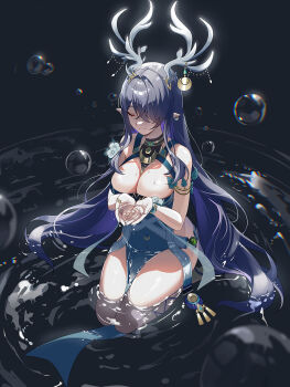 1girl absurdres antlers armlet blue_hair breasts bubble closed_eyes commentary genshin_impact hair_over_one_eye highres holding_water horns huge_breasts jewelry langsae lauma_(genshin_impact) light_smile long_hair pelvic_curtain pointy_ears seiza sitting solo very_long_hair water