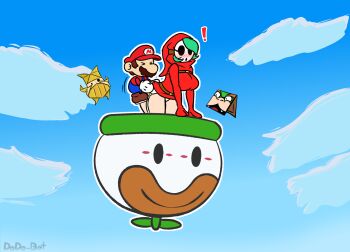 ! 1boy 1girl aqua_hair arm_support artist_name belt belt_buckle big_nose blue_background blue_overalls blue_sky blush borrowed_character bowser breasts brown_belt brown_footwear brown_hair buckle closed_eyes clothes_lift cloud constricted_pupils dodo-bot dress dress_lift eyelashes facial_hair fangs from_side garter_straps genderswap genderswap_(mtf) gloves hair_over_one_eye hat height_difference highres hollow_eyes hollow_mouth hood hooded_dress implied_sex koopa_clown_car large_breasts leaning_forward long_sleeves looking_at_another loose_belt mario mario_(series) mask motion_lines multiple_boys multiple_girls mustache nintendo no_nose nose nostrils olivia_(paper_mario) open_mouth origami outline overalls panties paper_mario paper_mario:_the_origami_king propeller red_dress red_headwear red_hood red_shirt red_sweater shirt shoes short_hair shy_gal sky sleeves_past_fingers sleeves_past_wrists smile surprised sweater sweater_dress sweater_lift swept_bangs thick_eyebrows underwear white_garter_straps white_gloves white_mask white_outline white_panties