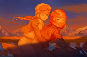 Rule 34 | 2girls, absurdres, bang dream!, bang dream! it's mygo!!!!!, chinese commentary, commentary request, dress shirt, floating hair, helmet, highres, jacket, long hair, looking at viewer, medium hair, mole, mole under eye, motor vehicle, motorcycle, motorcycle helmet, multiple girls, multiple riders, on motorcycle, open clothes, open jacket, open mouth, orange theme, shiina taki, shirt, shorts, sky, star (sky), starry sky, trileo405, yahata umiri