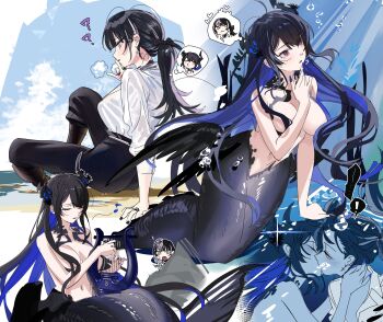 ! 2girls ? absurdres air_bubble arm_support asymmetrical_horns beach black_boots black_hair black_horns black_nails black_pants black_wings blue_hair blue_nails boots breasts bubble colored_inner_hair commentary convenient_hair cosplay cross cross_earrings demon_horns earrings eighth_note english_commentary eric_(disney) eric_(disney)_(cosplay) fang feathered_wings floating_hair flower grey_hair hair_ornament highres holding holding_instrument holding_lyre hololive hololive_english horn_flower horns instrument jewelry kiss large_breasts long_hair looking_up low_wings lyre mermaid monster_girl multicolored_hair multiple_girls multiple_views music musical_note nail_polish nerissa_ravencroft open_mouth pants playing_instrument red_eyes shiori_novella shirt shore sitting small_sweatdrop speech_bubble split-color_hair spoken_exclamation_mark the_little_mermaid_(disney) thought_bubble topless_female two-tone_hair underwater uneven_horns very_long_fingernails very_long_hair white_shirt wings yellow_eyes yomosaka yuri