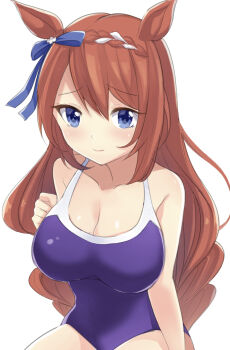 1girl animal_ears bad_id bad_pixiv_id blue_eyes blush breasts cleavage highres horse_ears horse_girl large_breasts long_hair looking_at_viewer one-piece_swimsuit solo super_creek_(umamusume) swimsuit umamusume user_mnzt4342 white_background