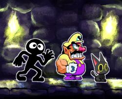Rule 34 | 1boy, 1girl, big nose, black cat, cat, facial hair, from side, gloves, greatmystic, grin, hat, muscular, muscular male, mustache, nintendo, overalls, princess shokora, purple overalls, shirt, smile, wario, wario land, wario land 4, white gloves, yellow hat, yellow shirt