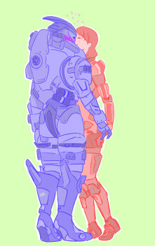 alien blush commander_shepard commander_shepard_(female) couple garrus_vakarian highres kiss mass_effect_(series) simple_background tumblr turian zellemojo