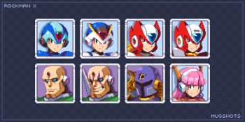 1girl android armor bald blonde_hair blue_eyes copyright_name english_text first_armor_x_(mega_man) forehead_jewel green_eyes helmet highres long_hair looking_at_viewer mega_man_(character) mega_man_(series) mega_man_x1 mega_man_x_(series) minerva_(mega_man) multiple_boys navigator_(mega_man) nghtmrsrph no_humans pink_hair pixel_art robot robot_ears shoulder_cannon sigma_(mega_man) smile teeth upper_body vile_(mega_man) x_(mega_man) zero_(mega_man)