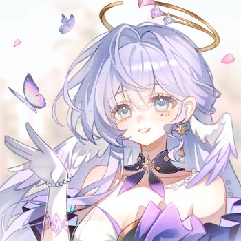 1girl bare_shoulders bead_bracelet beads black_sleeves blue_eyes bracelet breasts bug butterfly cleavage collarbone day detached_sleeves dress earrings eyelashes feathered_wings frilled_dress frills gloves grey_hair hair_intakes halo hand_up happy head_wings highres honkai:_star_rail honkai_(series) insect jewel_under_eye jewelry lace lace-trimmed_gloves lace_trim light_blush lipstick long_hair looking_at_viewer makeup making-of_available open_mouth outdoors parted_lips petals pink_lips purple_butterfly purple_dress robin_(honkai:_star_rail) short_sleeves smile solo star_(symbol) star_earrings strapless strapless_dress teeth tree two-tone_dress upper_body very_long_hair white_dress white_gloves white_wings wings xiziyue