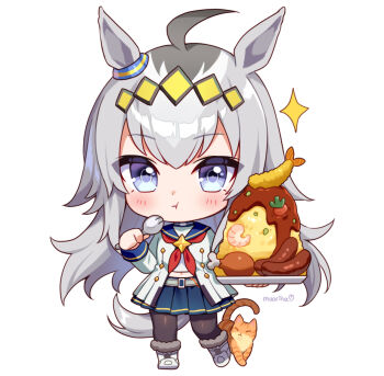1girl :t ahoge animal_ears artist_name black_pantyhose blue_eyes blue_sailor_collar blue_skirt boots carrot cat chibi chibi_only commentary drumsticks ear_ornament eating english_commentary food full_body glutton grey_background grey_hair hair_ornament holding holding_plate holding_spork horse_ears horse_girl horse_tail long_hair long_sleeves looking_at_viewer midriff_peek moorina navel neckerchief oguri_cap_(starlight_beat)_(umamusume) oguri_cap_(umamusume) orange_cat pantyhose plate red_neckerchief sailor_collar sausage shirt shrimp shrimp_tempura simple_background skirt solo spork standing tail tempura umamusume white_background white_boots white_shirt