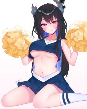 Rule 34 | 1girl, :d, absurdres, asymmetrical horns, black hair, blue hair, blue skirt, blue tank top, breasts, cheerleader, colored inner hair, commentary, crop top, crop top overhang, english commentary, flower, grin, highres, holding, holding pom poms, hololive, hololive english, horn flower, horns, hoshiiii art, kneehighs, large breasts, long hair, looking at viewer, miniskirt, mole, mole under eye, multicolored hair, navel, nerissa ravencroft, open mouth, pleated skirt, pom pom (cheerleading), pom poms, purple eyes, sidelocks, simple background, sitting, skirt, slit pupils, smile, socks, solo, stomach, tank top, underboob, uneven horns, very long hair, virtual youtuber, white background, white socks
