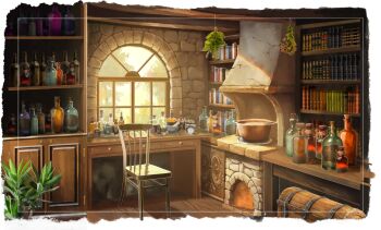Rule 34 | bookshelf, bottle, chair, commentary request, cooking pot, day, desk, drawer, fireplace, glass bottle, herb bundle, highres, indoors, koyama satsuki, mortar (bowl), no humans, original, pestle, plant, protected link, scenery, treasure chest, weighing scale, window, wooden floor