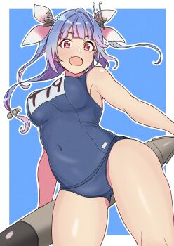 1girl blue_background blue_hair blush border breasts cowboy_shot flower-shaped_pupils hair_ribbon highres i-19_(kancolle) kantai_collection large_breasts long_hair looking_at_viewer looking_down name_tag nanafumi_(nanafumino) one-piece_swimsuit open_mouth red_eyes ribbon school_swimsuit sky smile swimsuit symbol-shaped_pupils torpedo twintails white_border