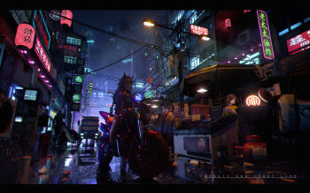 1other 2girls 3d animal_ears banana banana_peel black_shirt brown_hair building can chinese_text chromatic_aberration coca-cola cup cyberpunk disposable_cup english_text fake_animal_ears fen_bang_laoda food fruit full_body hair_ornament hairclip hands_up headphones highres holding jacket lamppost lantern letterboxed long_hair motor_vehicle motorcycle multiple_girls night open_clothes open_jacket original outdoors paper_lantern power_lines puddle road scenery shirt shoes short_shorts shorts sidelocks sign skyscraper standing static street television translation_request trash trash_bag truck utility_pole yellow_shirt