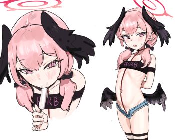 1girl absurdres black_wings blue_archive bow cinn_angl denim denim_shorts food food_in_mouth hair_bow halo head_wings highres koharu_(blue_archive) low_twintails low_wings micro_shorts multiple_views navel pink_eyes pink_hair popsicle popsicle_in_mouth red_halo sexually_suggestive shorts solo thighs twintails white_background wings