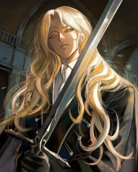 absurdres alucard_(castlevania) bishounen black_coat black_gloves castlevania:_symphony_of_the_night castlevania_(series) coat collared_shirt commentary gloves hashtag-only_commentary henoopd highres holding holding_sword holding_weapon indoors lips long_hair long_sleeves looking_at_viewer male_focus parted_hair parted_lips shirt sword teeth upper_body wavy_hair weapon white_shirt wing_collar yellow_eyes