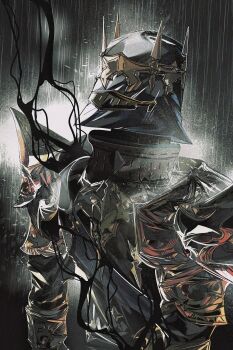 1other absurdres adeuce ambiguous_gender armor black_liquid dark_knight_(final_fantasy) facing_away final_fantasy final_fantasy_xiv fray_myste from_behind grey_background helmet highres other_focus pauldrons rain shoulder_armor solo upper_body