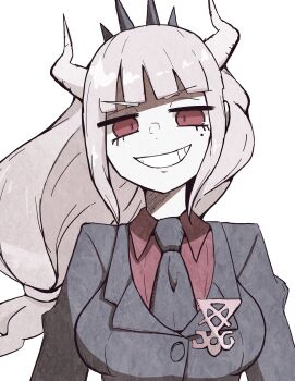 1girl black_headband black_jacket black_necktie breasts demon_girl demon_horns formal_clothes hashtag-only_commentary headband helltaker highres horns jacket long_hair looking_at_viewer lucifer_(helltaker) mole mole_under_eye muku_(d4uydnvxygxewu3) necktie red_eyes red_shirt shirt simple_background smile solo spiked_headband suit suit_jacket white_background