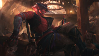 1boy abs absurdres arm_tattoo artist_name bandaged_arm bandages beaten black_boots black_gloves black_hair black_horns black_shirt blood blood_on_arm blood_on_body blood_on_face boots brown_pants chair coin_in_mouth colored_skin commentary commission crossed_legs english_commentary fingerless_gloves foot_out_of_frame gloves grabbing_another's_head hair_between_eyes highres horns indoors light_particles looking_to_the_side male_focus muscular muscular_male nose on_chair open_mouth original pants paul_nong pectorals people red_skin rib_tattoo shirt signature sitting smile solo_focus sunlight tattoo tavern teeth torn_clothes torn_shirt yellow_eyes