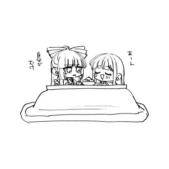 2girls blush bow chibi chibi_only closed_eyes food fruit fujiwara_no_mokou greyscale hair_bow highres houraisan_kaguya kotatsu long_hair mandarin_orange monochrome multiple_girls open_mouth smile table tamiko_(tamik0224) touhou translation_request under_kotatsu under_table