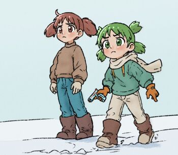 Rule 34 | 2girls, alternate costume, azumanga daiou, beachepisode, blush, boots, brown boots, brown eyes, brown hair, brown sweater, closed mouth, denim, gloves, green eyes, green hair, green hoodie, hood, hoodie, jeans, koiwai yotsuba, mihama chiyo, multiple girls, orange gloves, pants, scarf, short hair, short twintails, snow, sweater, twintails, water gun, white pants, white scarf, yotsubato!