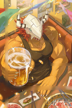 1boy alcohol arm_up beer black_tank_top chair chopsticks colored_skin cup digimon digimon_(creature) dragon green_eyes hashtag-only_commentary helmet highres holding holding_cup horns muscular muscular_male on_chair orange_skin red_hair sharp_teeth short_hair sitting solo table tank_top teeth w_(wwukuai) wargreymon yakiniku