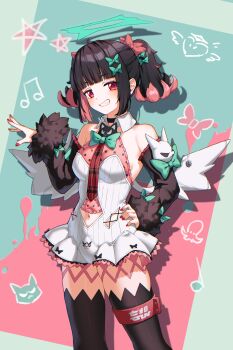 Rule 34 | 1girl, absurdres, bare shoulders, black choker, black hair, black sleeves, black thighhighs, bow, breasts, choker, clothing cutout, commentary request, detached sleeves, green bow, grin, hair bow, halo, hand on own hip, highres, korean commentary, looking at viewer, mixed-language commentary, multicolored hair, musical note, nangong yu, navel, navel cutout, necktie, peng kun, pink bow, pink hair, red eyes, red nails, red necktie, smile, solo, star (symbol), thighhighs, thighs, twintails, two-tone hair, white wings, wings, zenless zone zero