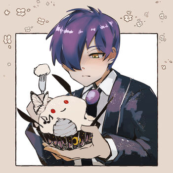 Rule 34 | 1boy, black necktie, border, brooch, bug, butterfly, cake, closed mouth, coat, collared shirt, food, fork, holding, holding fork, insect, jewelry, library of ruina, long sleeves, looking at object, male focus, musical note, nakame77, necktie, project moon, purple coat, purple hair, shirt, short hair, simple background, solo, upper body, white background, white shirt, yellow border, yellow eyes, yesod (project moon)