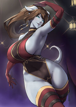 1girl arm_up blue_eyes blue_horns blue_skin blue_tail boots breasts colored_skin commentary commission dancer draenei elbow_gloves enalia english_commentary gloves highres horns large_breasts leotard long_hair monster_girl original packge pointy_ears ponytail red_thighhighs revealing_clothes sideboob stage stage_lights tail thigh_boots thighhighs thighs