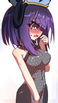 absurdres alternate_costume breasts cosplay embarrassed gwynn_(pokemon) highres iono_(pokemon) iono_(pokemon)_(cosplay) medium_breasts nintendo pokemon pokemon_legends:_z-a reisaki_niseen simple_background white_background