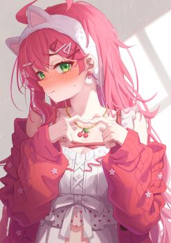 1girl absurdres animal_ear_hairband animal_ears blush cardigan cat_ear_hairband cat_earrings cat_ears closed_mouth collarbone earrings fake_animal_ears green_eyes hair_ornament hairband hairclip highres hololive index_fingers_together jewelry long_hair long_sleeves looking_at_viewer necklace official_alternate_costume open_cardigan open_clothes pink_cardigan pink_hair sakura_miko sakura_miko_(loungewear) solo starkamisan sweat triangle_hair_ornament white_hairband x_hair_ornament