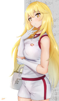 1girl bare_shoulders blonde_hair breasts caruta commentary_request cowboy_shot gloves highres large_breasts long_hair shirt shokuhou_misaki shorts sleeveless sleeveless_shirt solo sparkling_eyes toaru_kagaku_no_railgun toaru_majutsu_no_index tokiwadai_school_gym_uniform white_bag white_gloves white_shirt white_shorts yellow_eyes