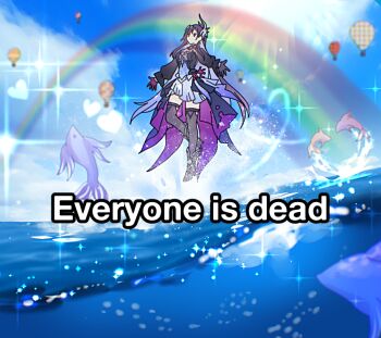 1girl aircraft black_dress black_hair black_thighhighs cioccolatodorima commentary dolphin dress english_commentary english_text full_body gloves heart high-low_dress honkai:_star_rail honkai_(series) hot_air_balloon hysilens_(honkai:_star_rail) long_sleeves meme midair ocean outstretched_arms puffy_long_sleeves puffy_sleeves purple_gloves rainbow solo sparkle subtitled thighhighs two-sided_dress two-sided_fabric