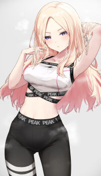 1girl absurdres arm_behind_head arm_up armpits black_leggings blonde_hair blush breasts collarbone commentary forehead gakuen_idolmaster highres idolmaster juo_sena kunizaki leggings long_hair looking_at_viewer medium_breasts multicolored_hair pink_hair presenting_armpit purple_eyes simple_background solo sports_bra steaming_body streaked_hair sweat two-tone_hair very_long_hair white_background white_sports_bra