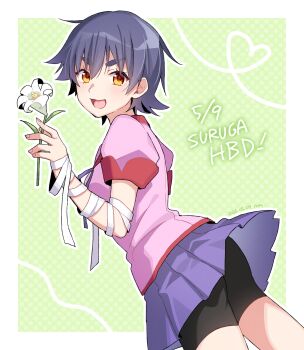 Rule 34 | 1girl, absurdres, bandaged arm, bandages, birthday date, black hair, black shorts, border, breasts, dated, flower, green background, happy birthday, highres, holding, holding flower, kanbaru suruga, looking at viewer, manimani (mani ma), monogatari (series), naoetsu high school uniform, open mouth, orange eyes, pink shirt, puffy short sleeves, puffy sleeves, purple skirt, school uniform, shirt, short hair, short sleeves, shorts, signature, skirt, smile, solo, white border