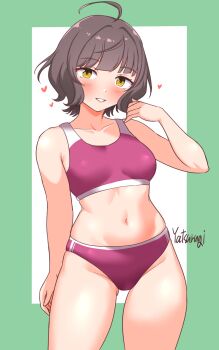 1girl artist_name blush border breasts brown_hair buruma commentary_request cowboy_shot gluteal_fold green_border heart highres kantai_collection kishinami_(kancolle) looking_at_viewer navel red_buruma red_sports_bra short_hair small_breasts smile solo sports_bikini sports_bra stomach two-tone_sports_bra white_background yatsurugi yellow_eyes