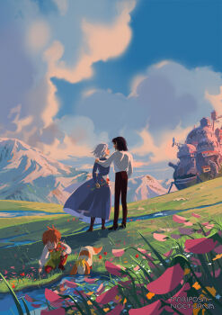1girl 2boys black_hair blue_dress blue_sky cloud cloudy_sky couple day dog dress drinking flower grass heen hetero highres holding holding_flower howl_no_ugoku_shiro howl_pendragon mariposa_nocturna markl mountain multiple_boys scenery shadow short_hair sky sophie_hatter_(howl_no_ugoku_shiro) water white_hair wind