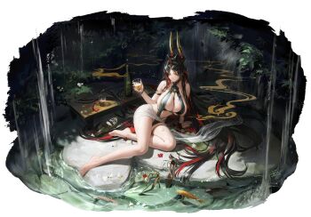 Rule 34 | 1girl, absurdres, artist request, black hair, bottle, breasts, brown eyes, character request, cleavage, closed mouth, cup, daiblos core, eyewear on head, fish, flower, high heels, highres, holding, holding cup, long hair, multicolored hair, plant, red flower, red hair, red nails, shoes, solo, streaked hair, unworn shoes, water, white flower