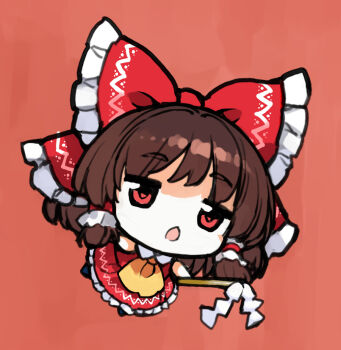 Rule 34 | 1girl, asakura maru, ascot, bow, brown hair, chibi, chibi only, commentary request, frilled bow, frilled hair tubes, frills, gohei, hair bow, hair tubes, hakurei reimu, holding, holding gohei, long hair, open mouth, red background, red bow, red eyes, red skirt, simple background, skirt, skirt set, solo, touhou, yellow ascot