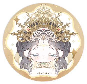 1girl baonu_de_zhanshen_caibutou behind_prayers_(infinity_nikki) black_hair border chinese_commentary circlet closed_eyes commentary_request copyright_name cropped_torso crown dress earrings eyelashes facial_mark forehead_mark frilled_sleeves frills gem gloves gold_crown gold_earrings green_gloves highres infinity_nikki jewelry juliet_sleeves light_blush long_hair long_sleeves nikki_(series) own_hands_together parted_lips praying puffy_sleeves red_gemstone round_border sad solo sparkle star_(symbol) star_facial_mark straight-on teardrop tearing_up veil very_long_hair wavy_hair white_background white_border white_dress white_veil