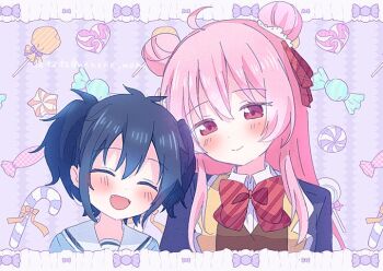 2girls :d ahoge blue_hair blush candy candy_heart candy_stick closed_eyes double_bun eyebrows_hidden_by_hair fang food hair_bun hair_ribbon happy_sugar_life koube_shio light_smile long_hair looking_at_another matsuzaka_satou messy_hair multiple_girls neck_ribbon nenene_mama open_mouth pink_background pink_eyes pink_hair red_ribbon ribbon sailor_collar school_uniform short_hair smile sparkling_eyes star_candy twitter_username