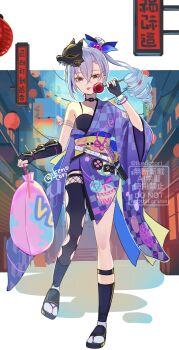 1girl artist_name asymmetrical_legwear black_choker black_mask breasts candy_apple check_commentary checkered_clothes checkered_kimono choker commentary_request drill_hair drill_ponytail fingerless_gloves food fox_mask gloves green_eyes grey_hair hadanugi_dousa hair_between_eyes hair_ribbon hanging_lantern highres honkai:_star_rail honkai_(series) ikenotori japanese_clothes kimono lantern long_hair looking_at_viewer mask mask_on_head open_kimono paper_lantern print_kimono purple_kimono ribbon sandals sheath sheathed signature silver_wolf_(honkai:_star_rail) single_thighhigh small_breasts socks solo thighhighs tongue tongue_out translation_request uneven_legwear white_socks zouri